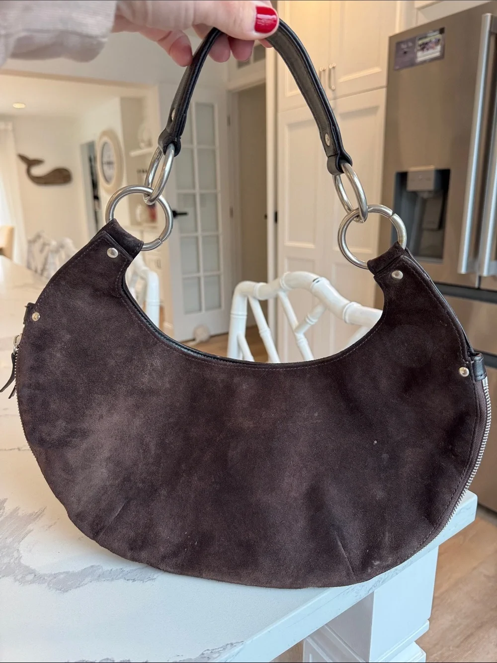 Michael Kors Vintage Brown Suede Hobo Shoulder Bag Expandable Zip Bottom Silver